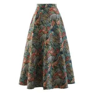 Vintage Animal Print High Waist A-line Jacquard Midi Skirt