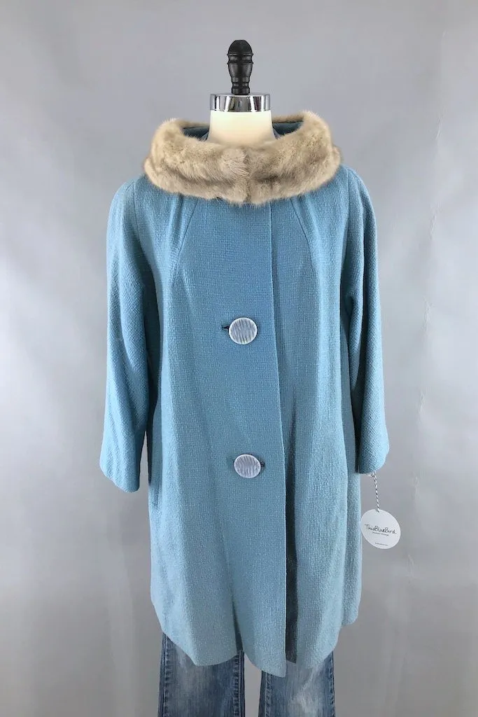 Vintage Powder Blue Coat with Grey Mink Fur Collar