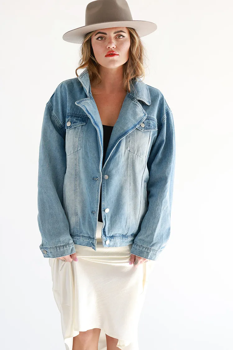 Washed Denim Jacket with Fur Collar and Trim