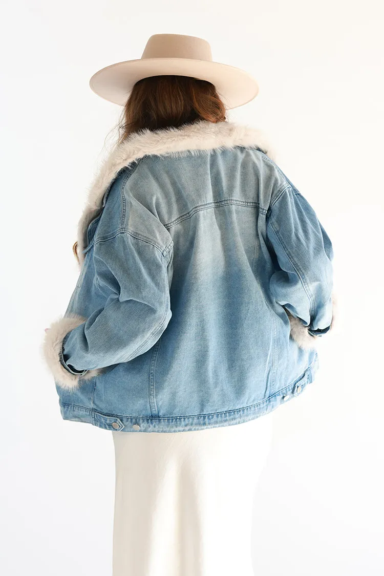 Washed Denim Jacket with Fur Collar and Trim