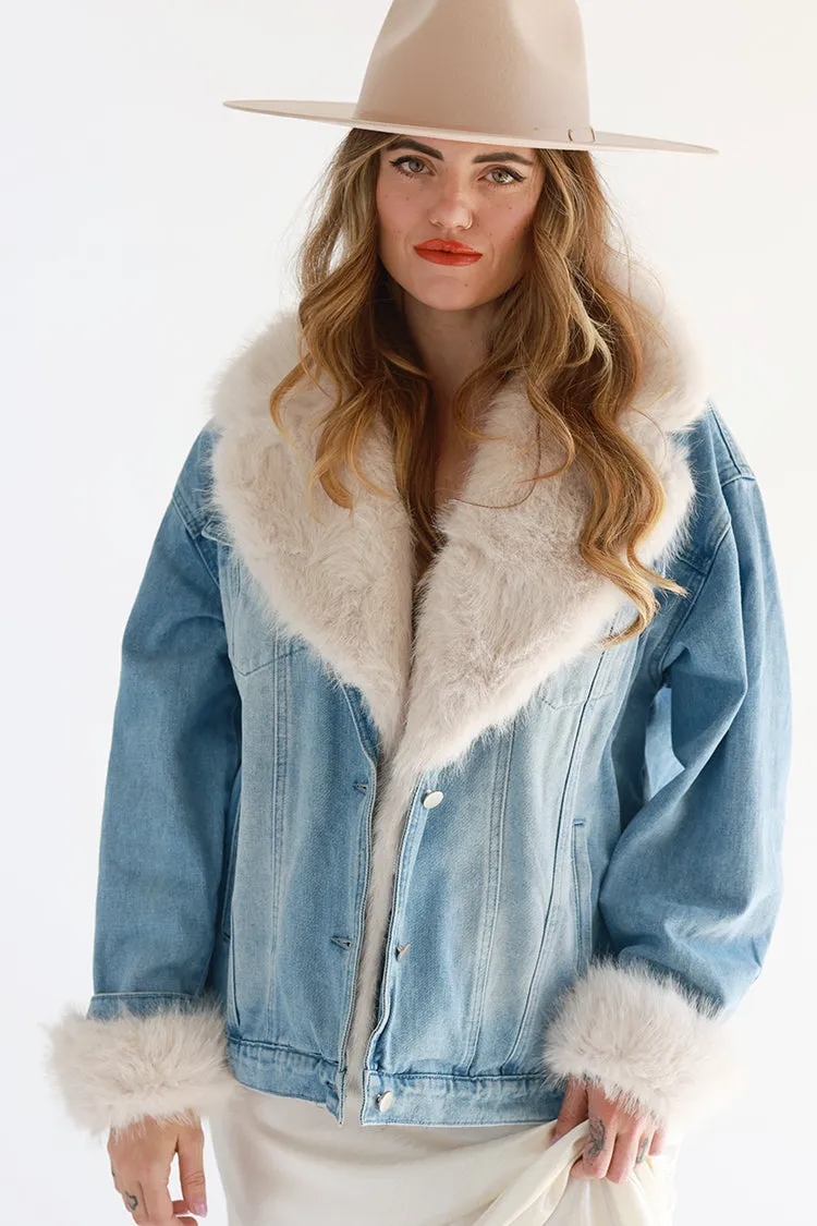 Washed Denim Jacket with Fur Collar and Trim