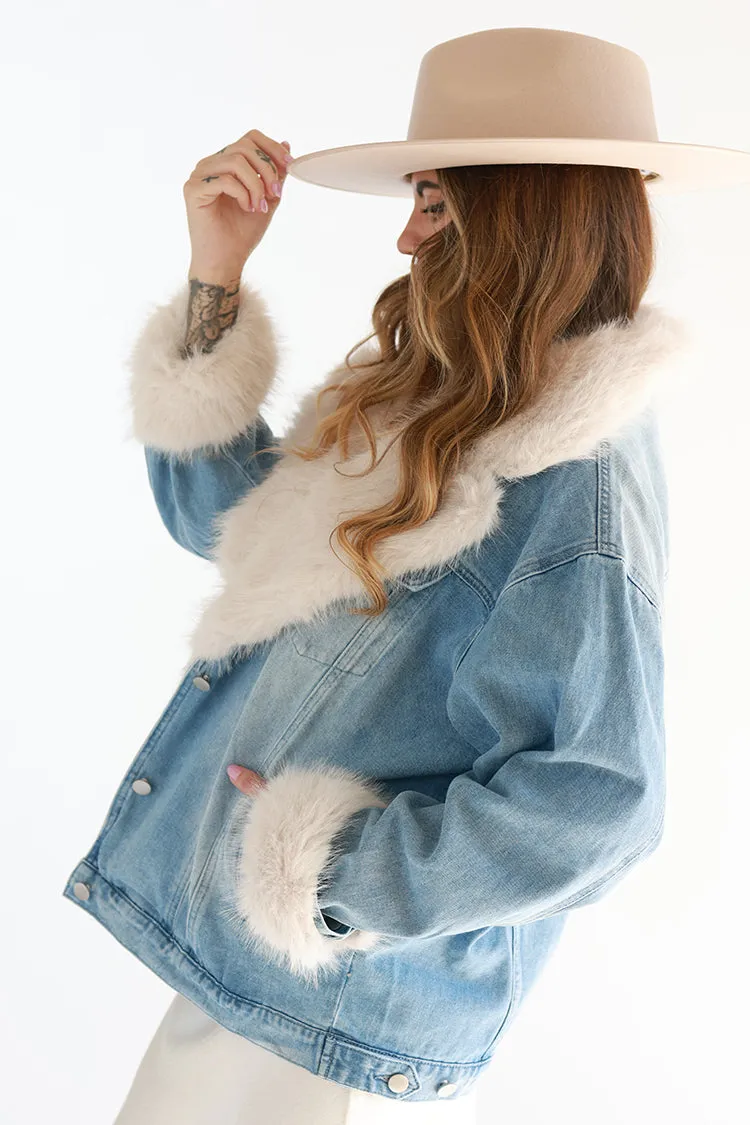 Washed Denim Jacket with Fur Collar and Trim