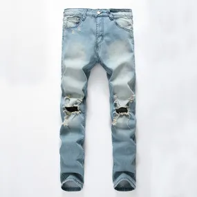 Washed Denim Ripped Jeans for Men Light Blue Worn Hole Printed Stone