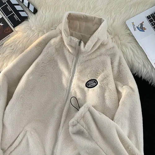 Wiaofellas - Men's Lamb Wool Cotton Tops Women Winter Velvet Thickened Warm Coat Loose Jackets Zipper Stand Collar Casual Pockets Parkas