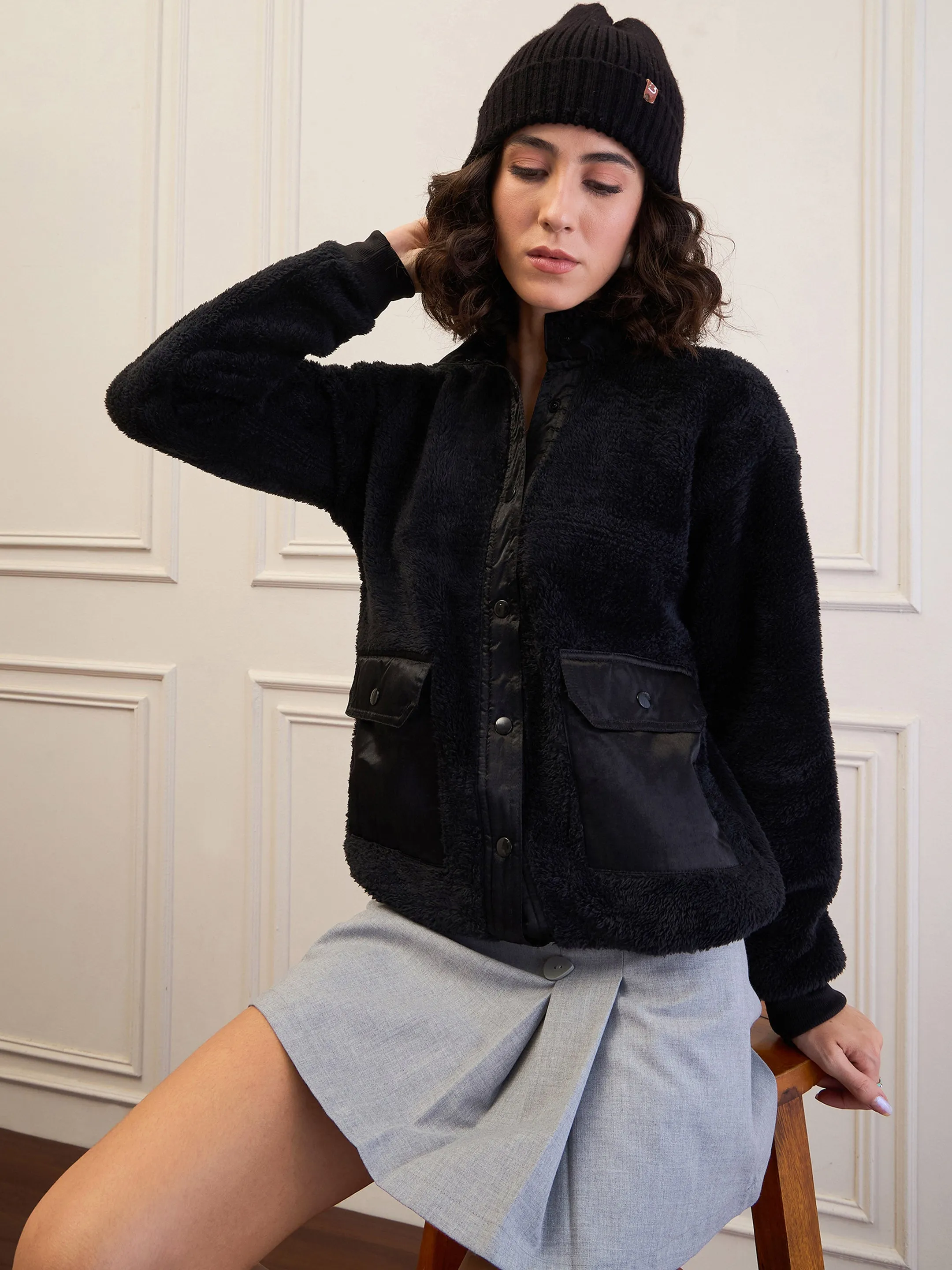 Women Black Fur Front Patch Pocket Jacket