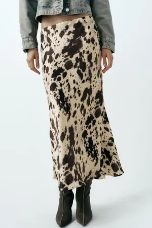 Women Clothing Animal Pattern Printed Silk Satin Texture Midi Dress