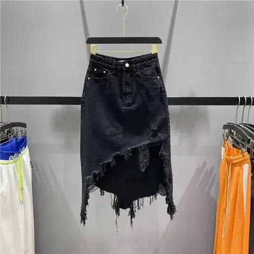 Women's Asymmetrical Denim Skirt with Tassel Hole Pocket Zipper - High Waist Midi Dress (2023 Spring)