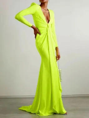 Women's Floor Length Deep V Neck Sexy Long Sleeve Fishtail Wrap Hip Evening Dress 127789