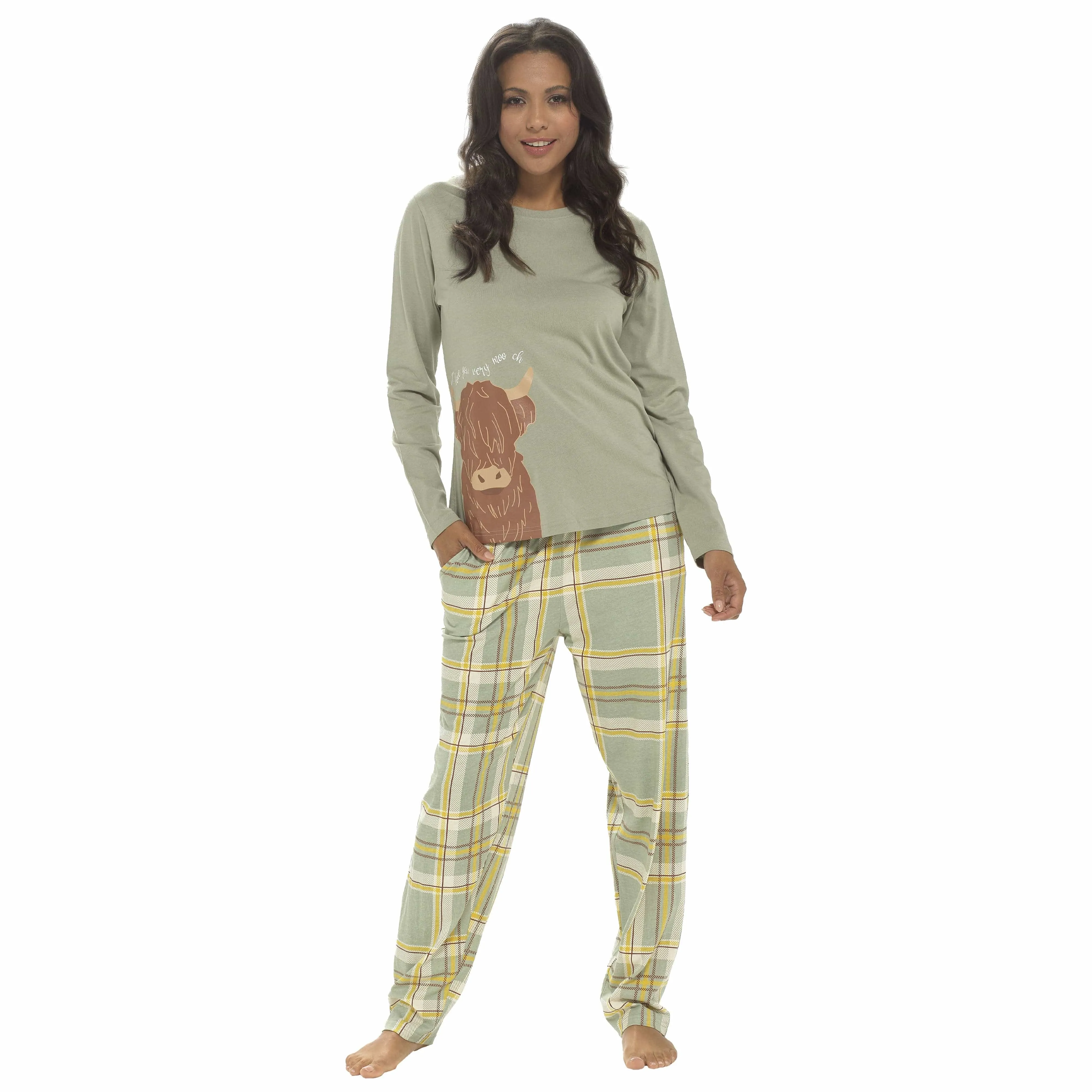 Women's Highland Cow Cotton Jersey Pyjama Set Long Sleeve Lounge Wear PJs with Elasticated Waistband by Daisy Dreamer