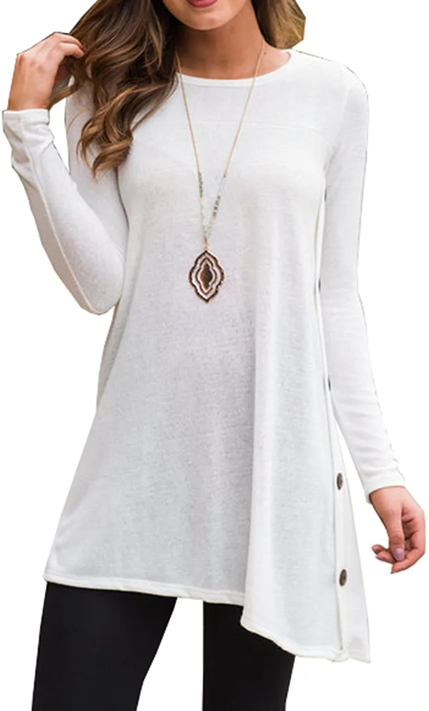 Women's Long Sleeve Scoop Neck Button Side Sweater Tunic Dress