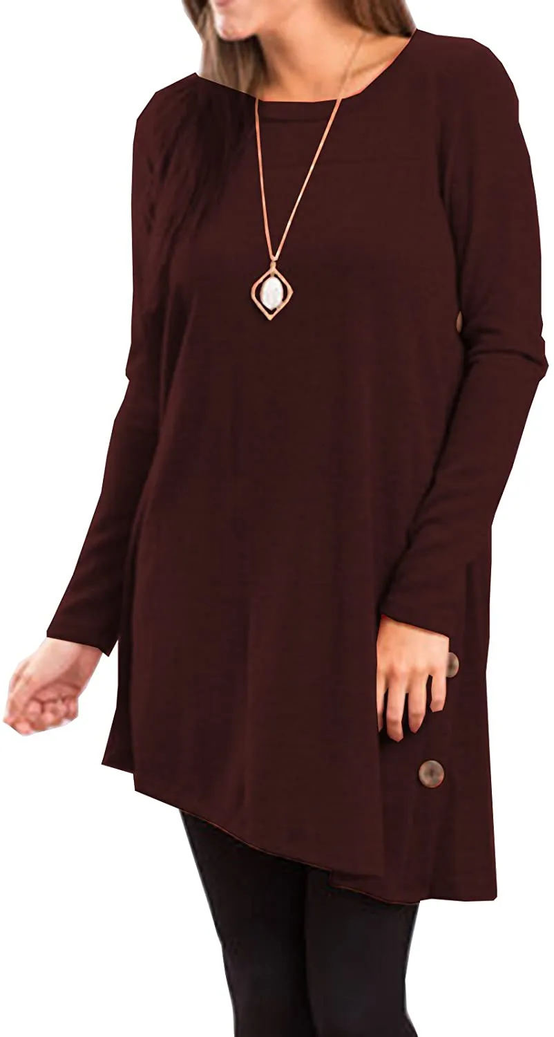 Women's Long Sleeve Scoop Neck Button Side Sweater Tunic Dress