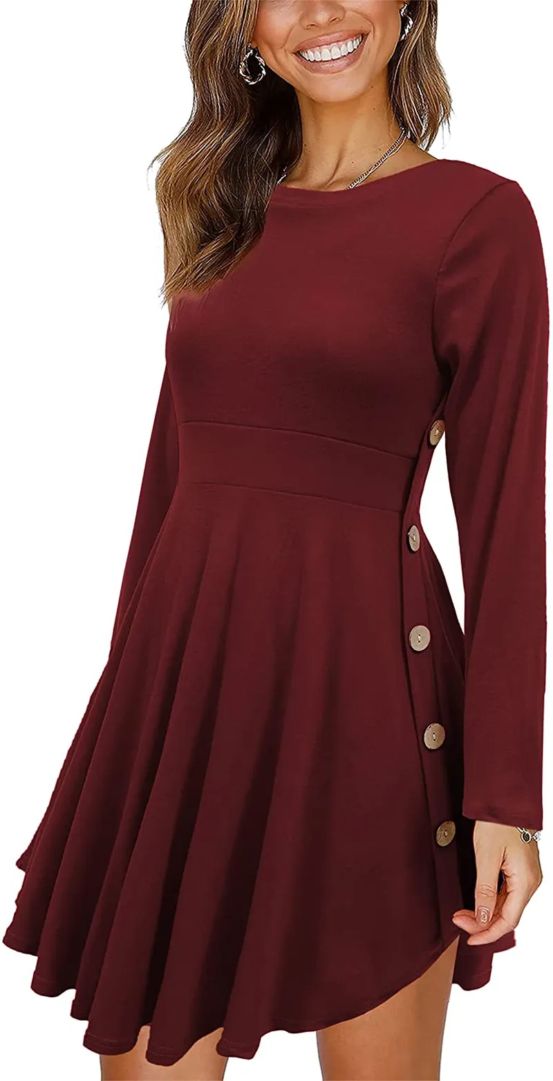 Women's Long Sleeve Scoop Neck Button Side Sweater Tunic Dress