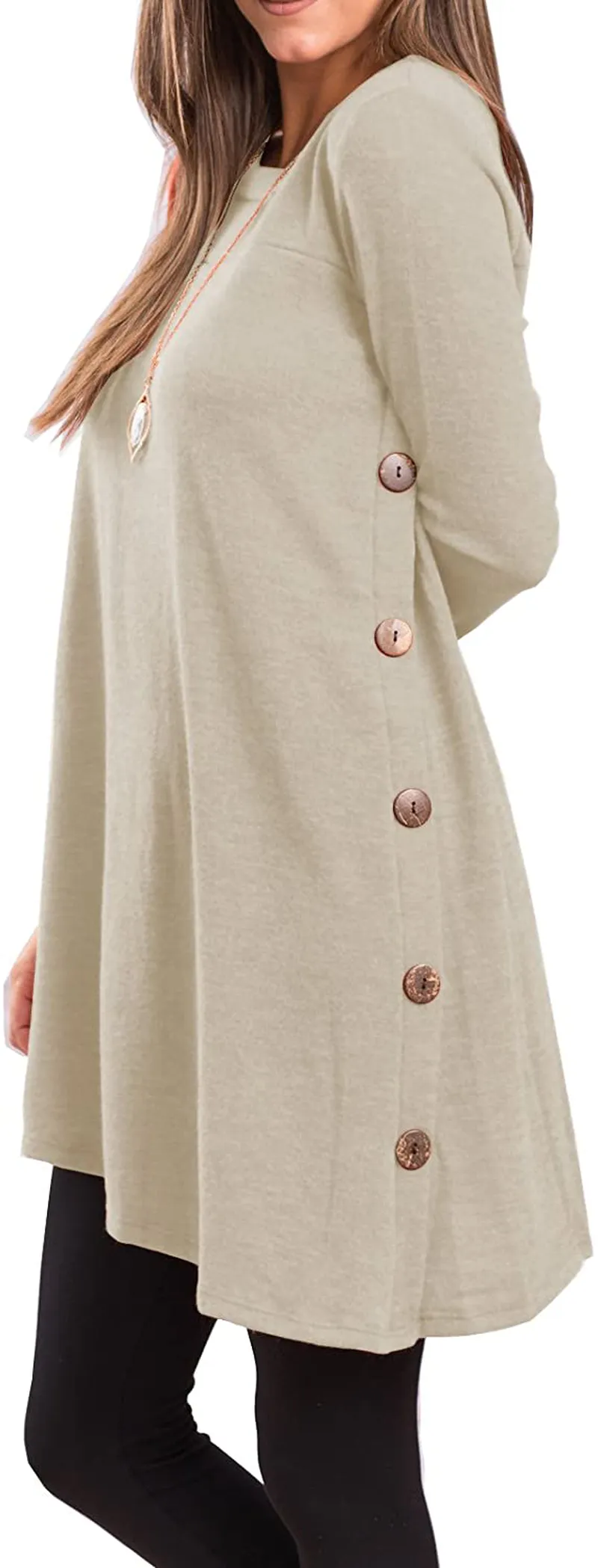 Women's Long Sleeve Scoop Neck Button Side Sweater Tunic Dress