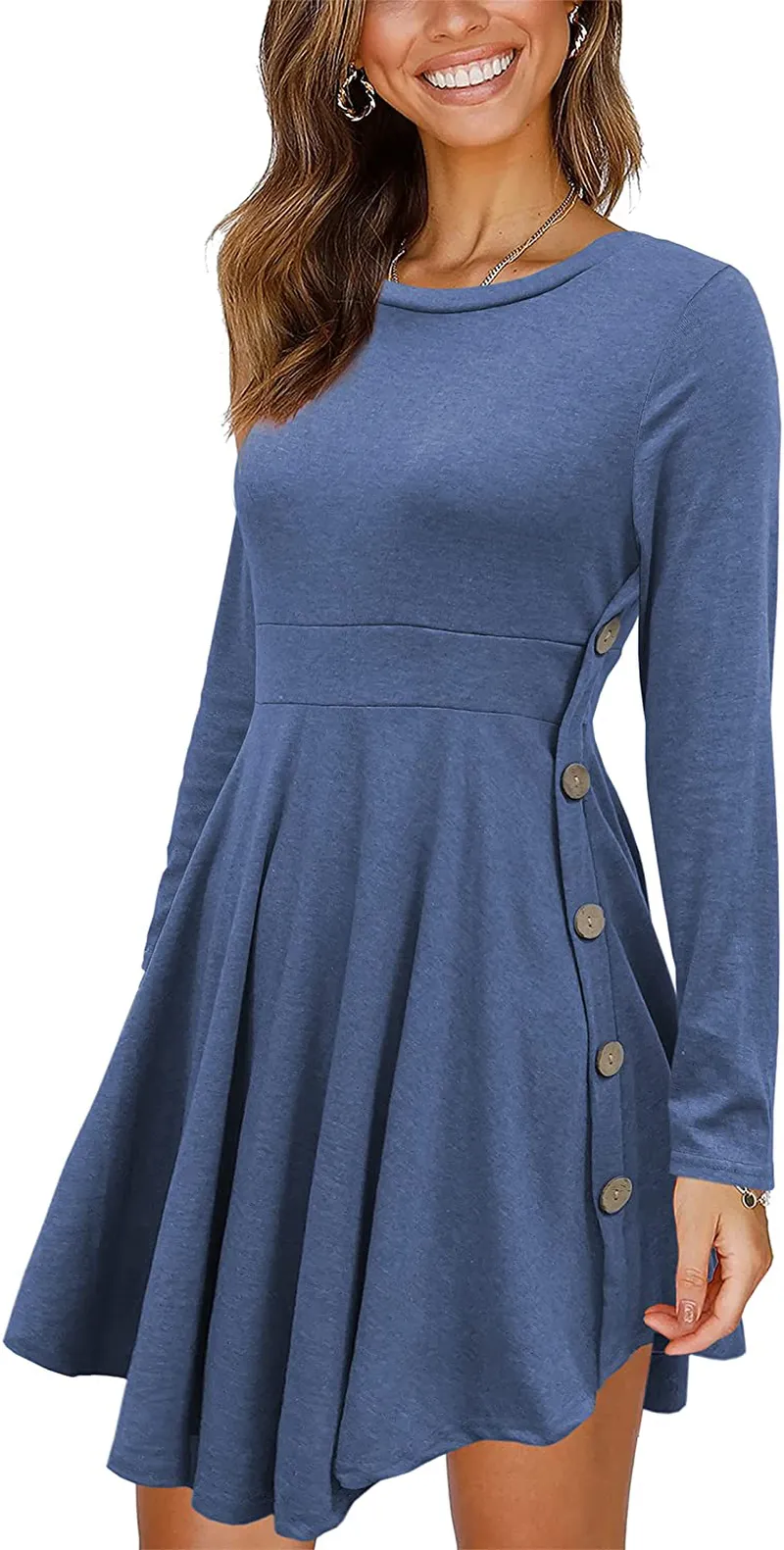 Women's Long Sleeve Scoop Neck Button Side Sweater Tunic Dress