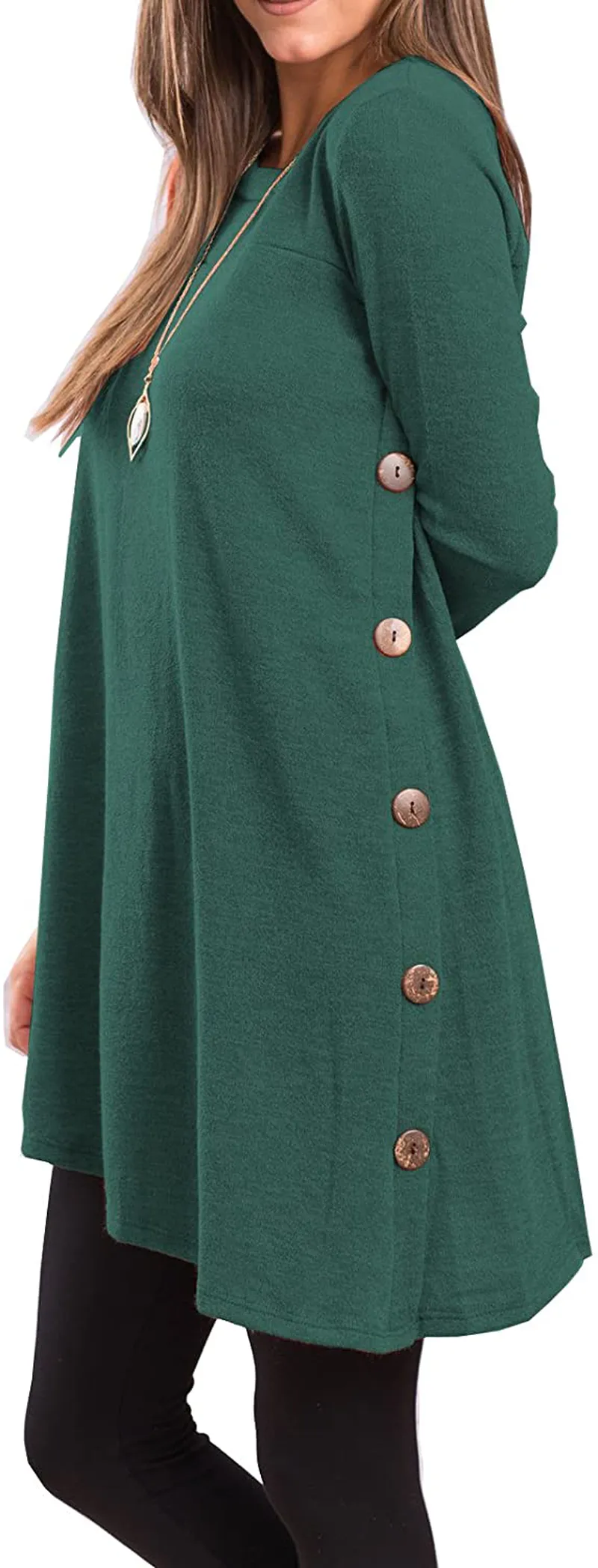 Women's Long Sleeve Scoop Neck Button Side Sweater Tunic Dress