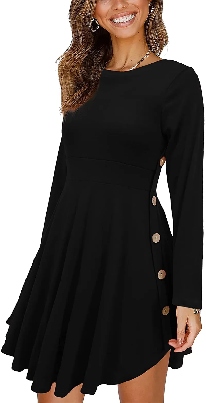 Women's Long Sleeve Scoop Neck Button Side Sweater Tunic Dress