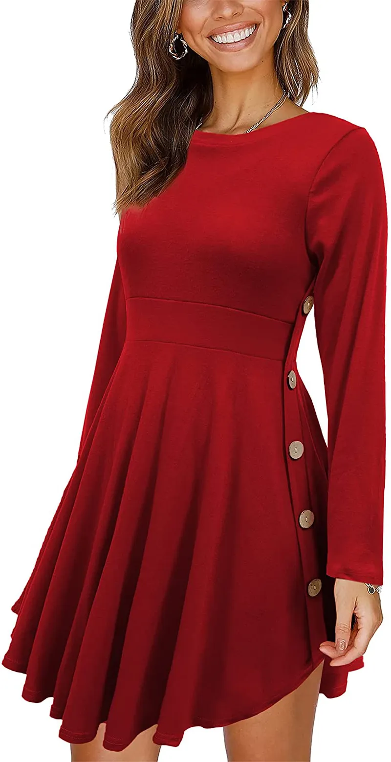 Women's Long Sleeve Scoop Neck Button Side Sweater Tunic Dress