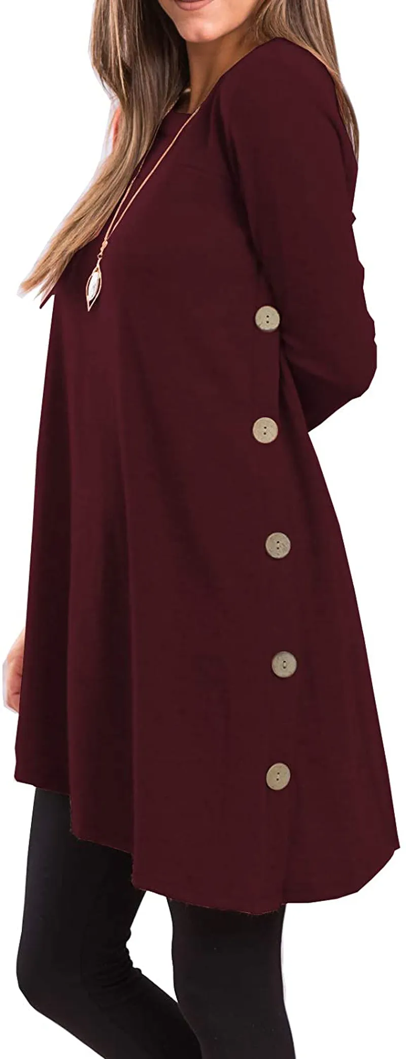 Women's Long Sleeve Scoop Neck Button Side Sweater Tunic Dress