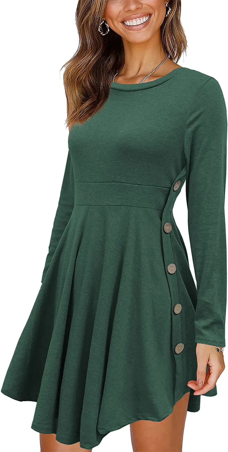 Women's Long Sleeve Scoop Neck Button Side Sweater Tunic Dress