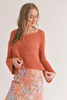 Women's Open Knit Crochet Sweater Top | Rust