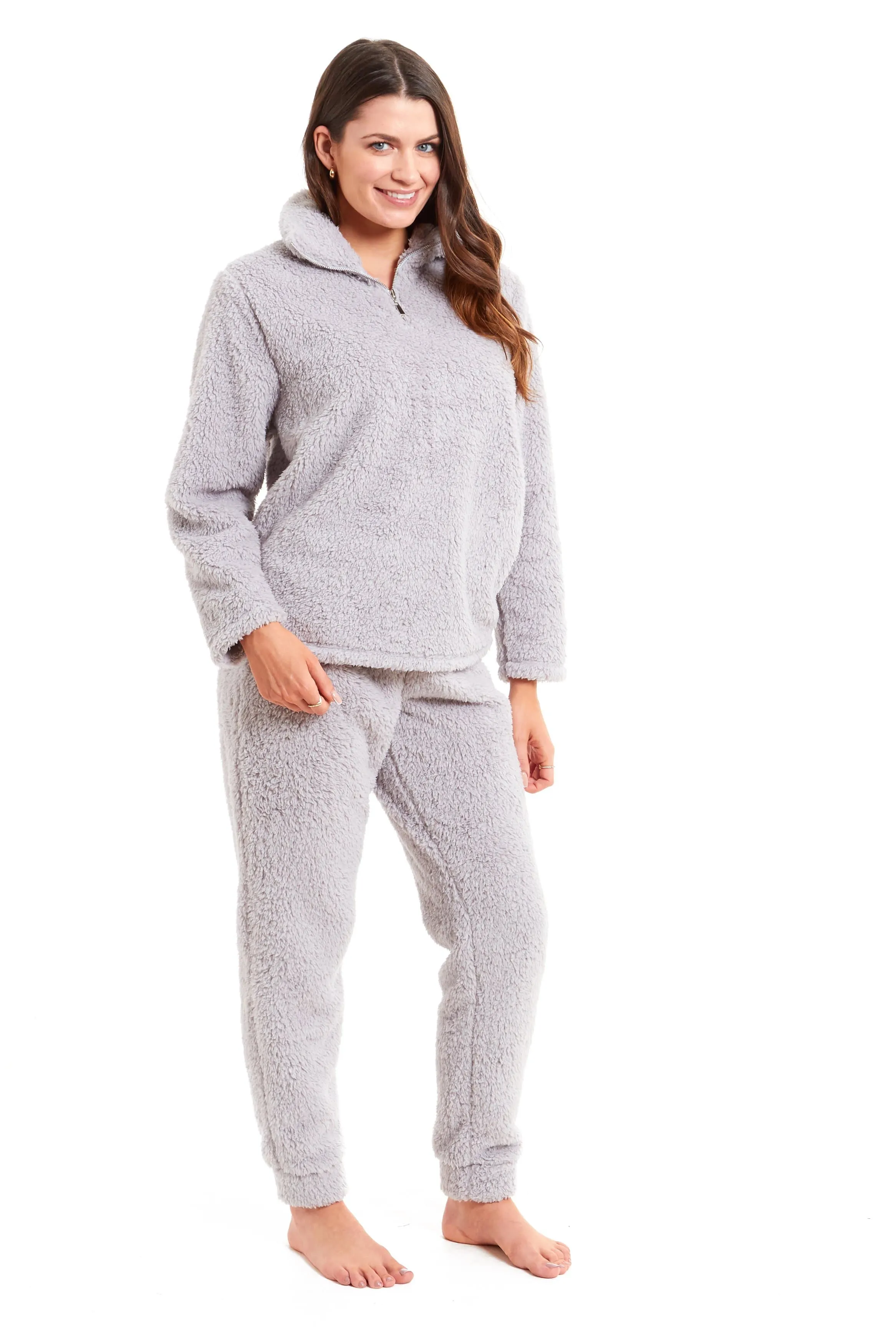 Women's Super Soft Teddy Fleece Lounge Set Cosy Fluffy Zip-Up Pyjama with Elasticated Waistband Warm Nightwear by Daisy Dreamer