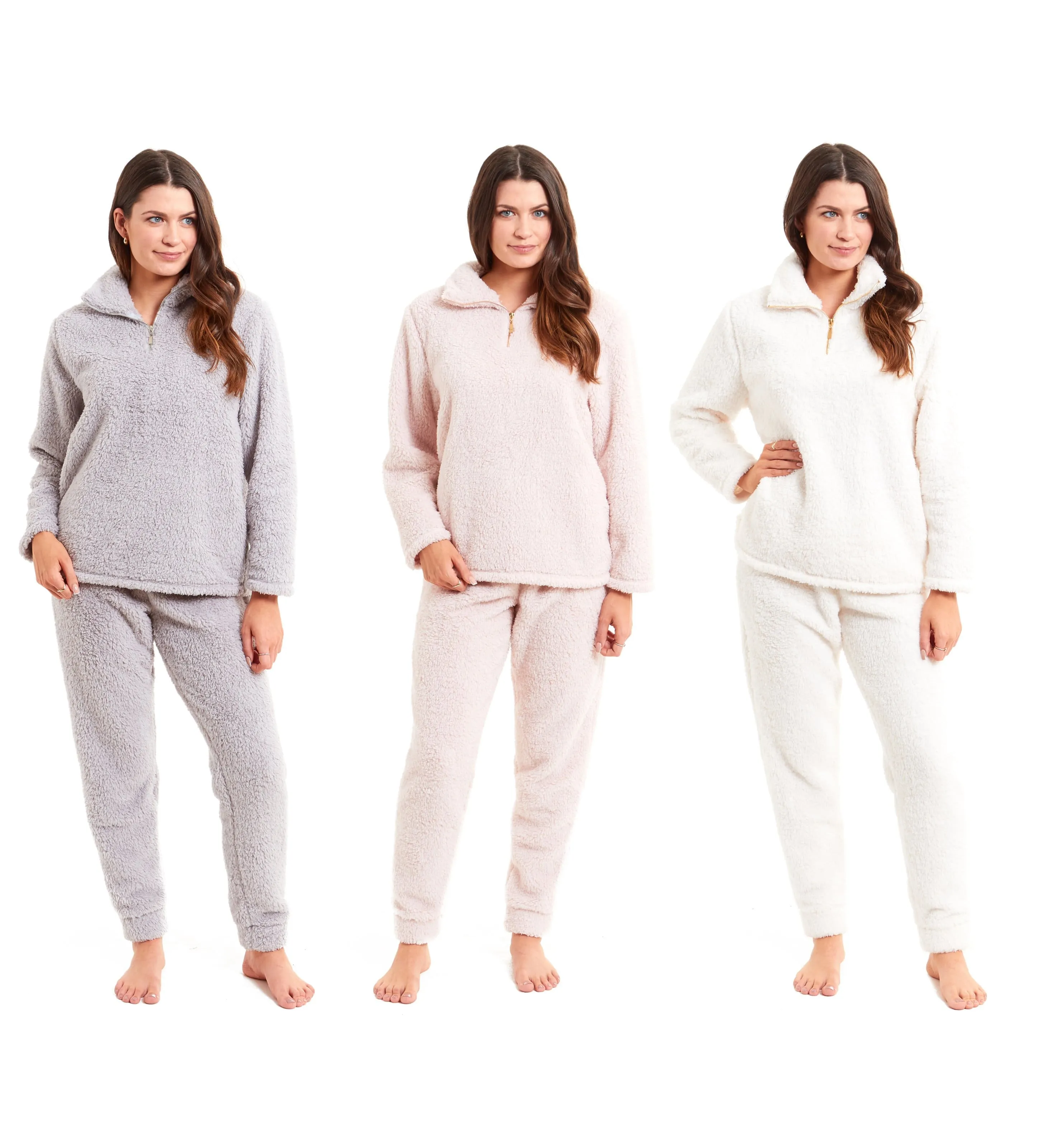 Women's Super Soft Teddy Fleece Lounge Set Cosy Fluffy Zip-Up Pyjama with Elasticated Waistband Warm Nightwear by Daisy Dreamer