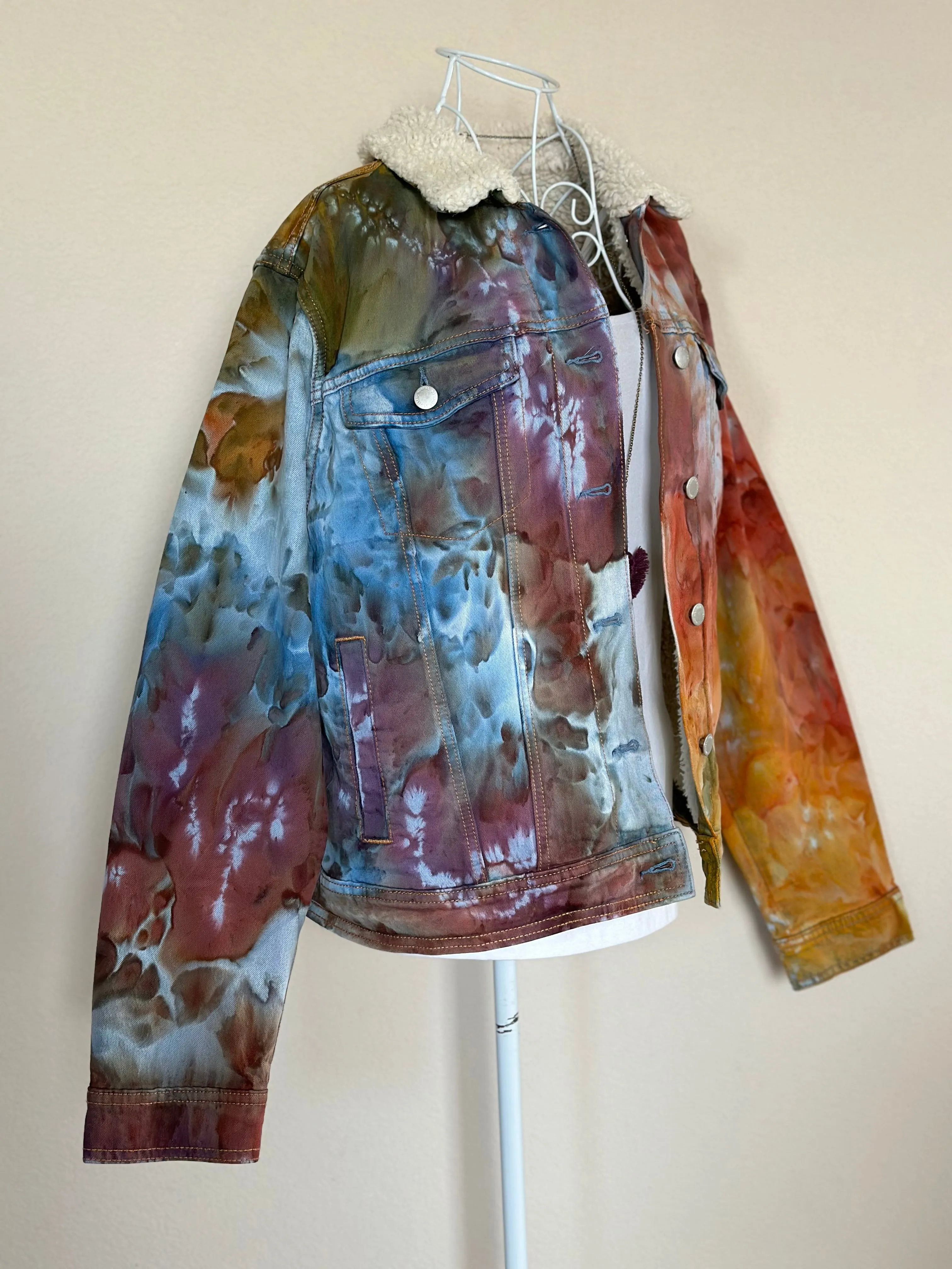 Women’s XL Upcycled Sherpa Lined Denim Jacket in ‘Rustic Rainbow’