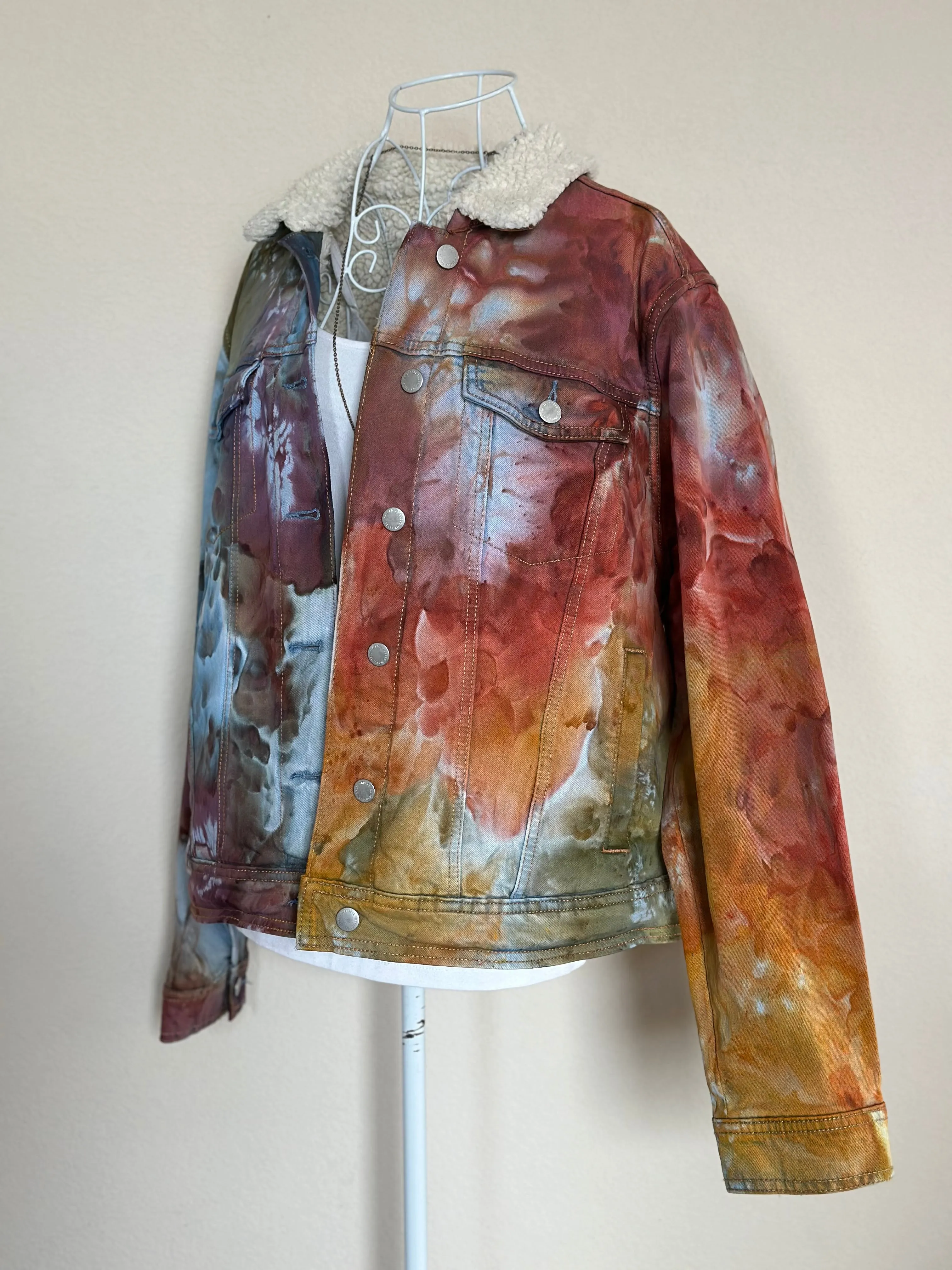 Women’s XL Upcycled Sherpa Lined Denim Jacket in ‘Rustic Rainbow’