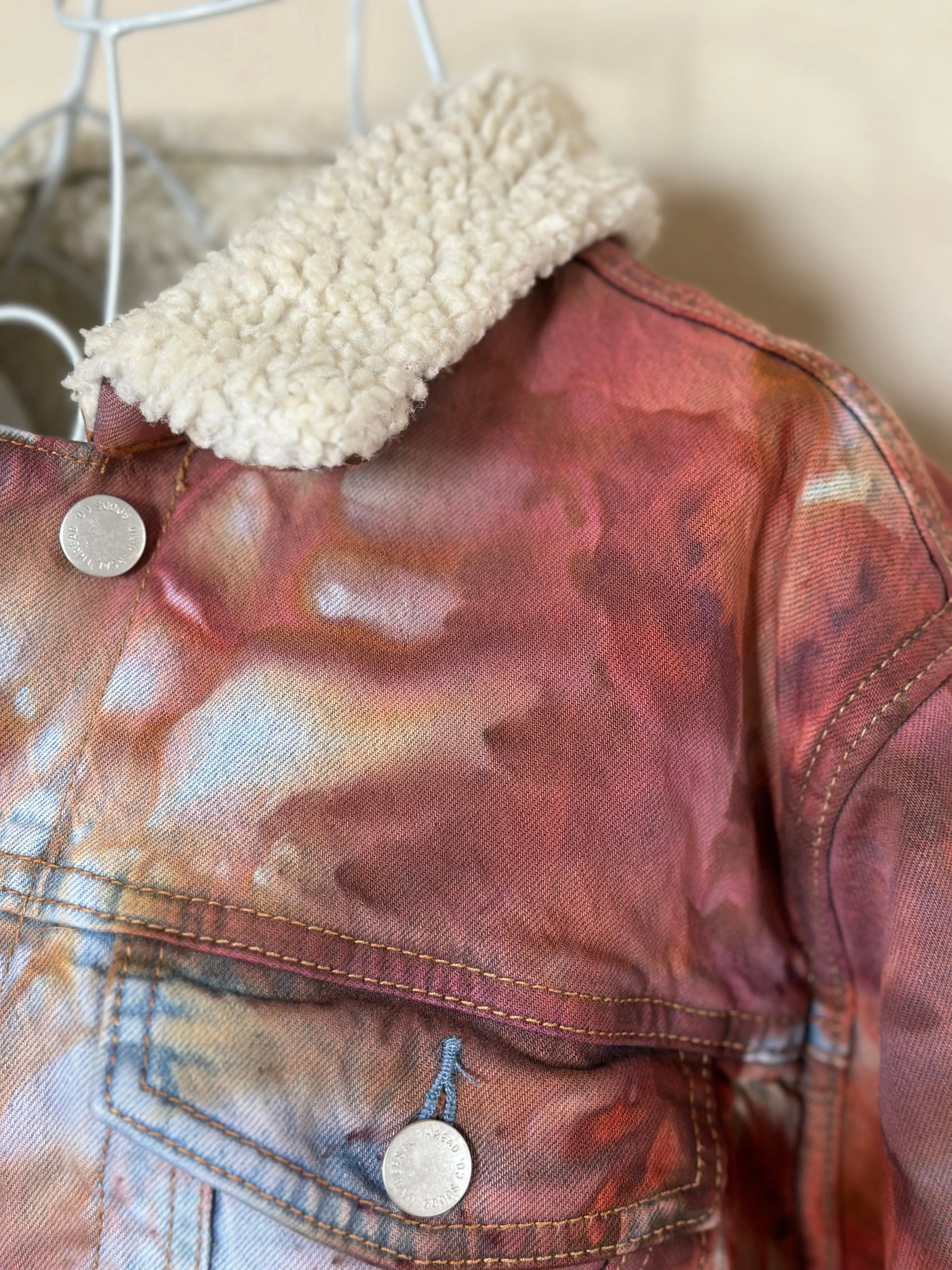 Women’s XL Upcycled Sherpa Lined Denim Jacket in ‘Rustic Rainbow’