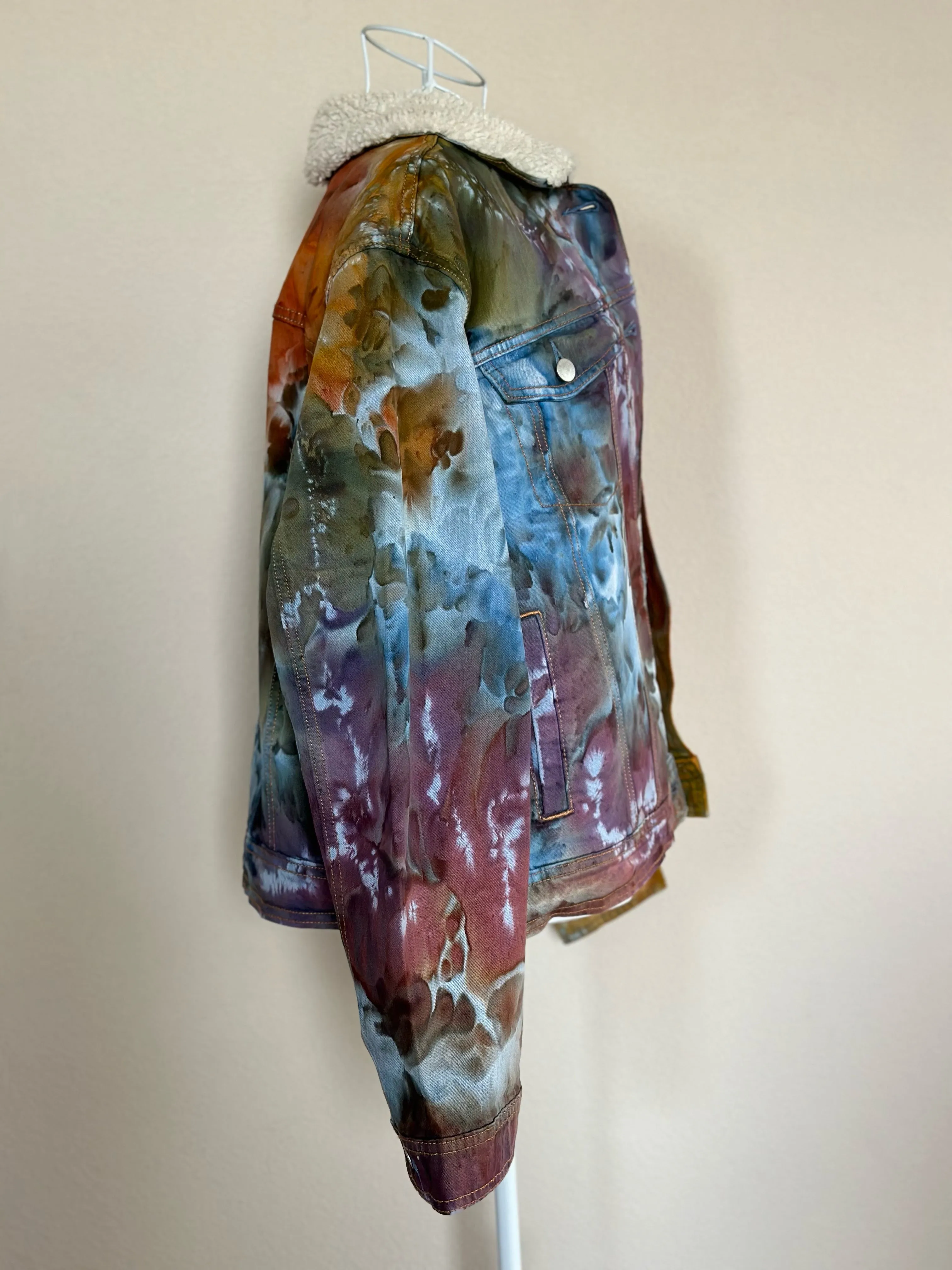 Women’s XL Upcycled Sherpa Lined Denim Jacket in ‘Rustic Rainbow’