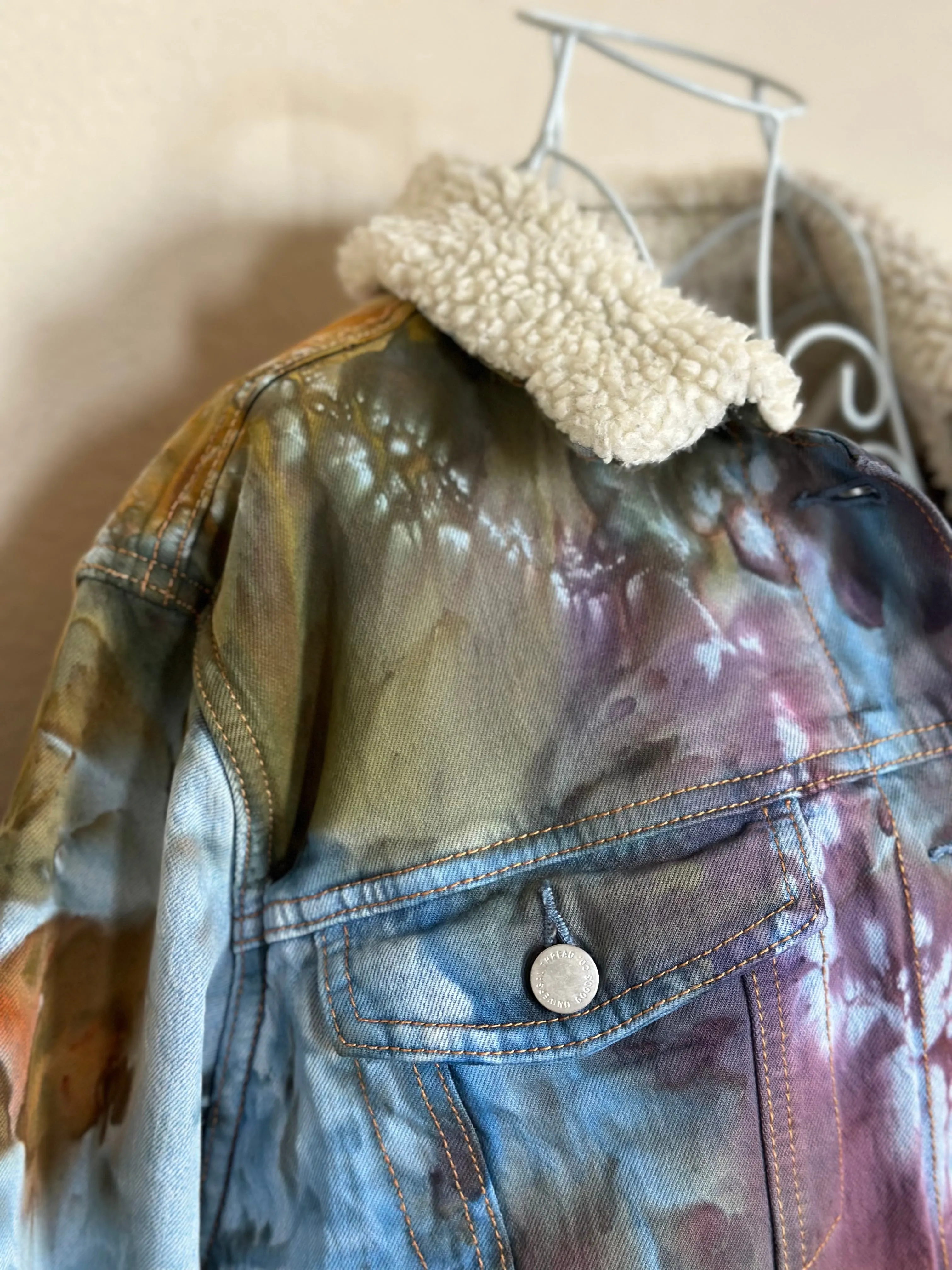 Women’s XL Upcycled Sherpa Lined Denim Jacket in ‘Rustic Rainbow’