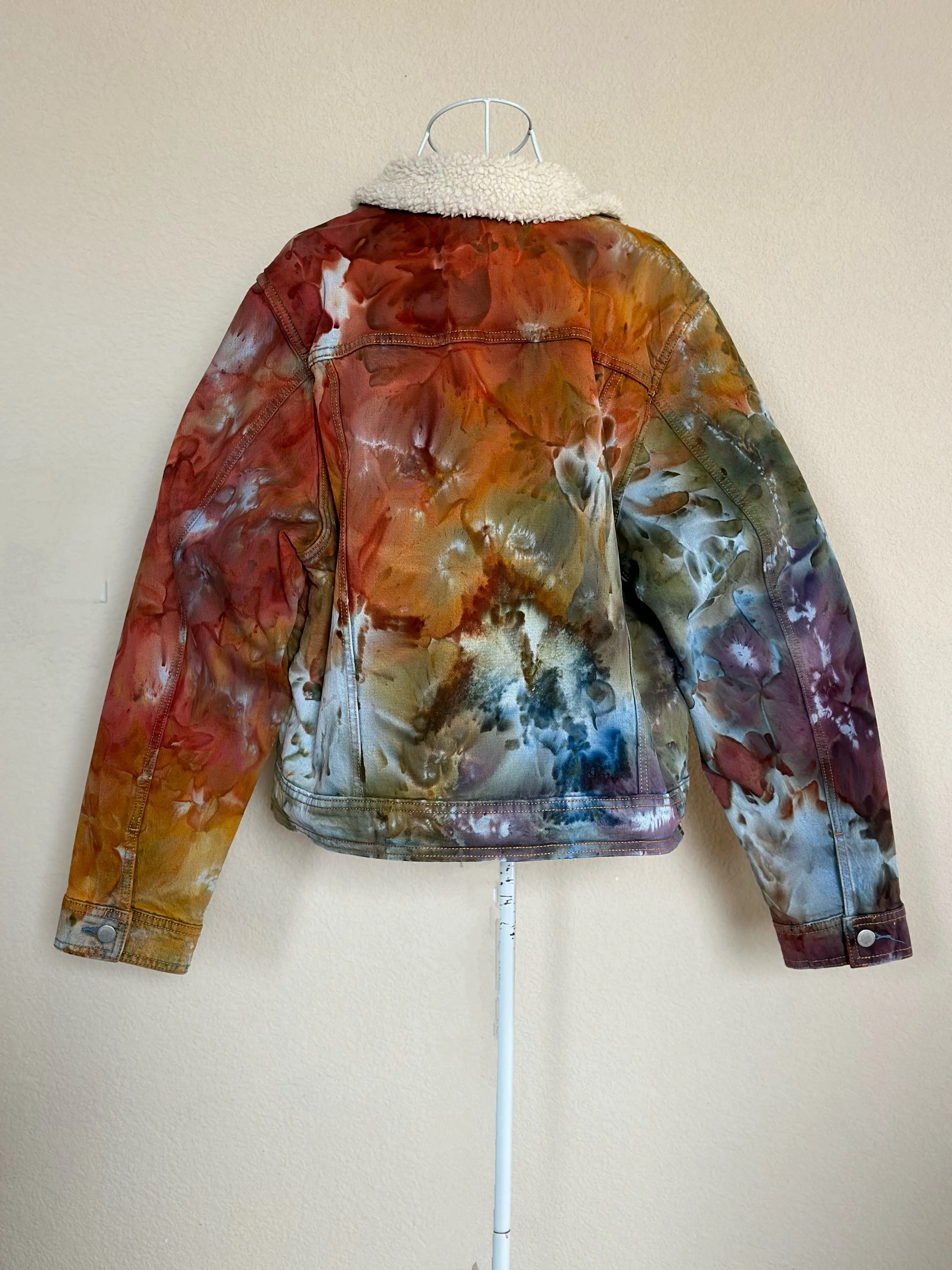 Women’s XL Upcycled Sherpa Lined Denim Jacket in ‘Rustic Rainbow’