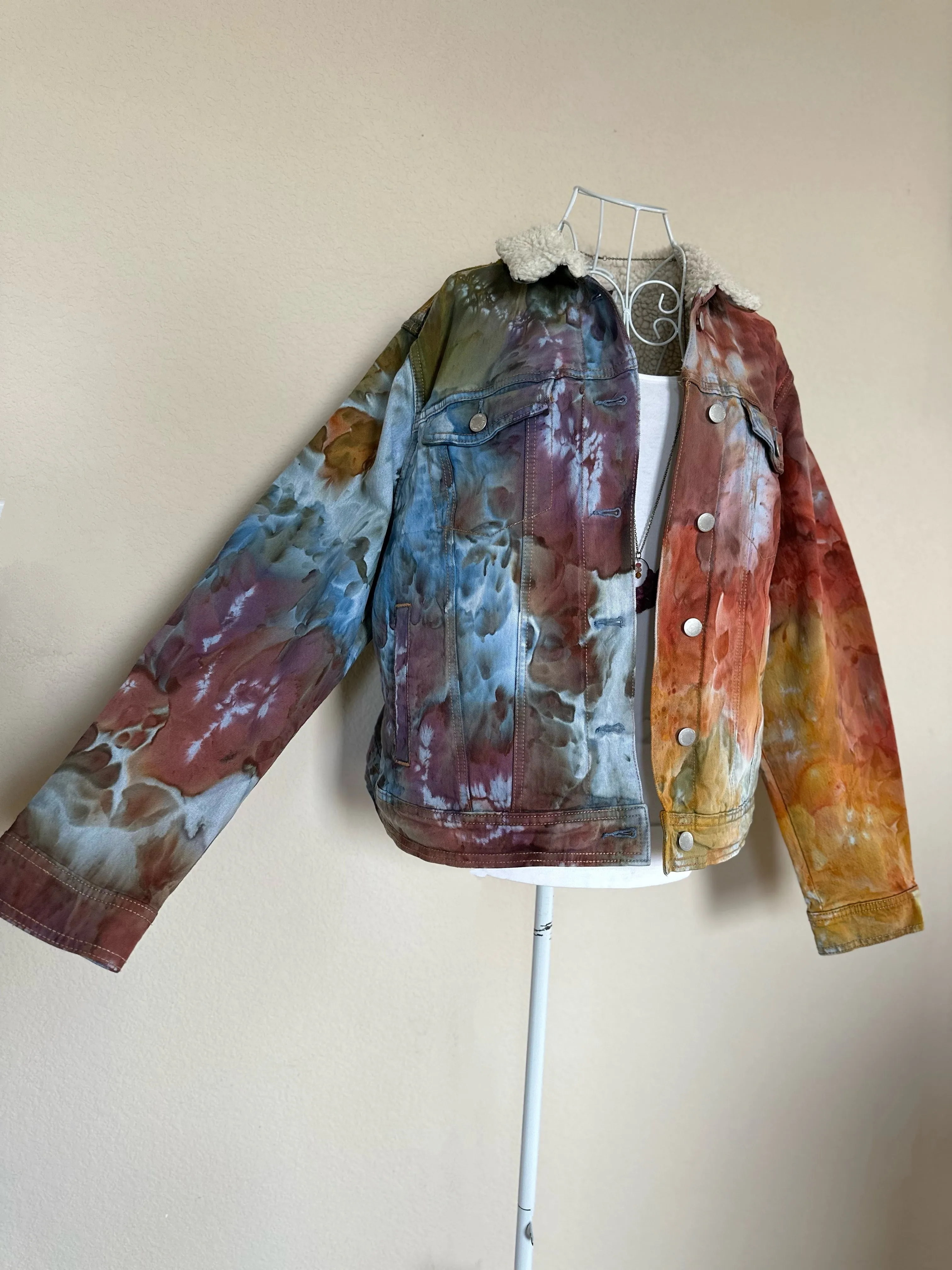 Women’s XL Upcycled Sherpa Lined Denim Jacket in ‘Rustic Rainbow’