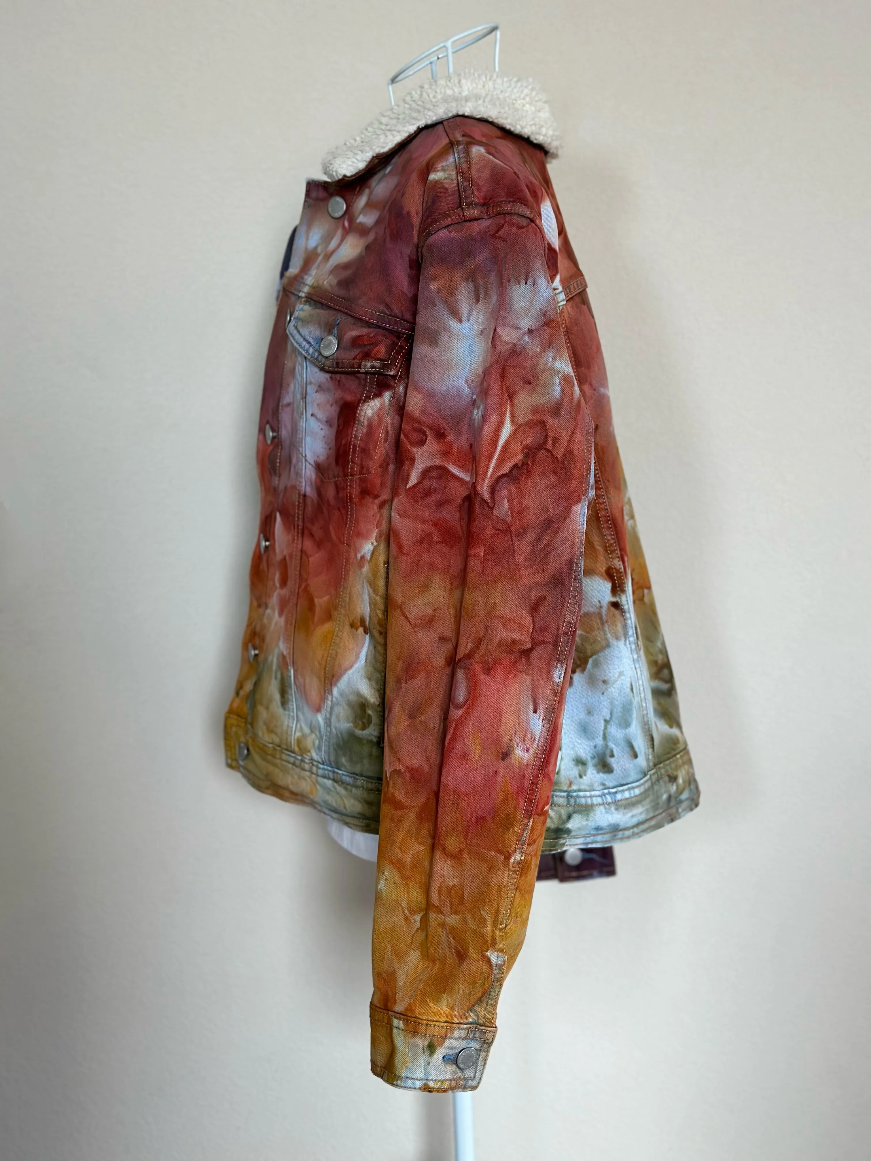 Women’s XL Upcycled Sherpa Lined Denim Jacket in ‘Rustic Rainbow’