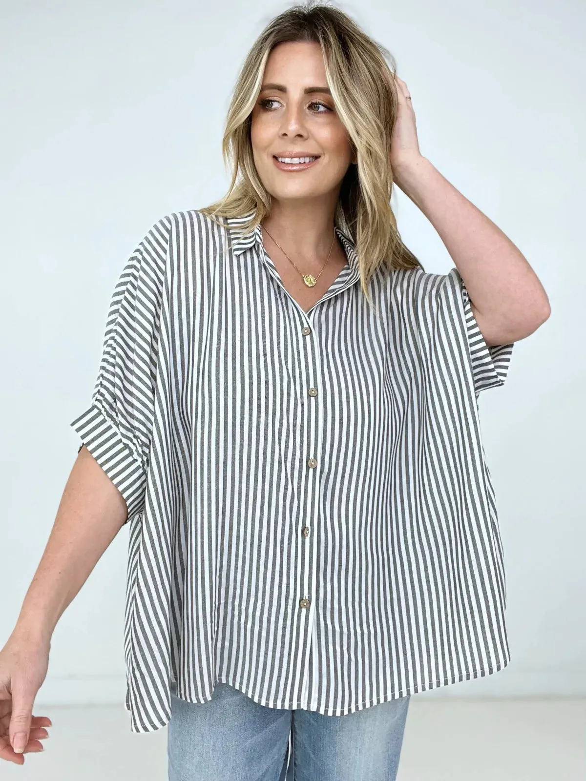 Zenana "Lucky Stripes" Oversized Striped Short Sleeve Button-Up Shirt