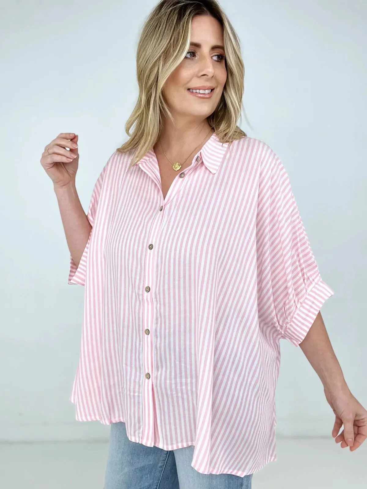 Zenana "Lucky Stripes" Oversized Striped Short Sleeve Button-Up Shirt