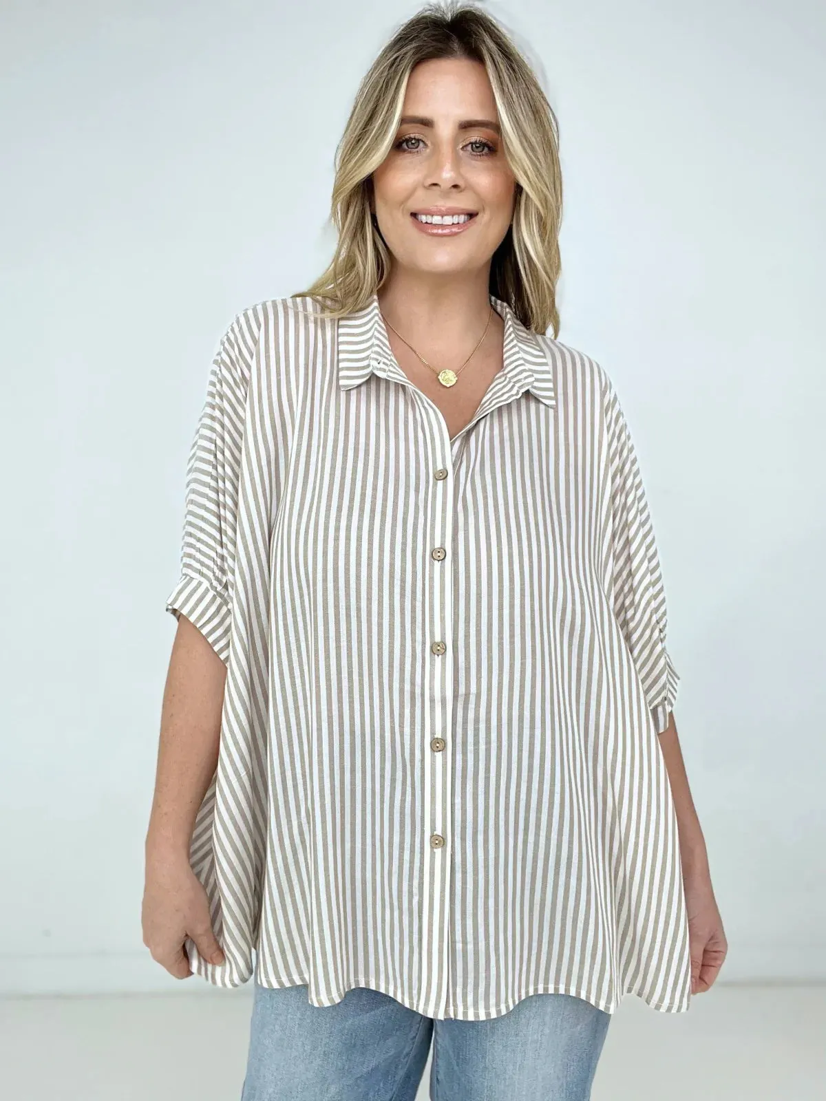 Zenana "Lucky Stripes" Oversized Striped Short Sleeve Button-Up Shirt